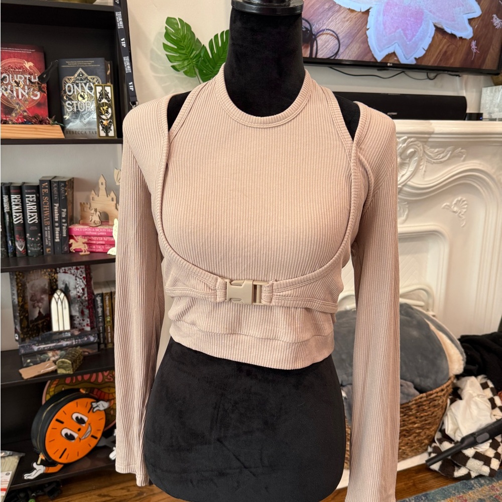 Cider Beige Ribbed Long sleeve Top with Buckle